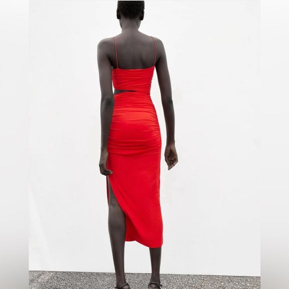 ZARA Red Cut Out Asymmetrical Midi Dress With High Slit - Picture 6 of 6
